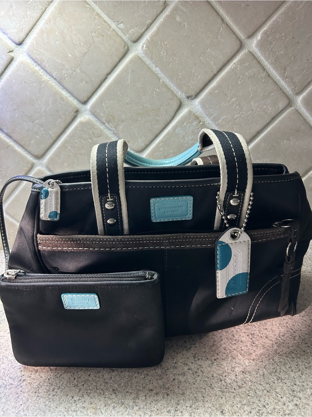 Coach Black Handbag with Light Blue Accents